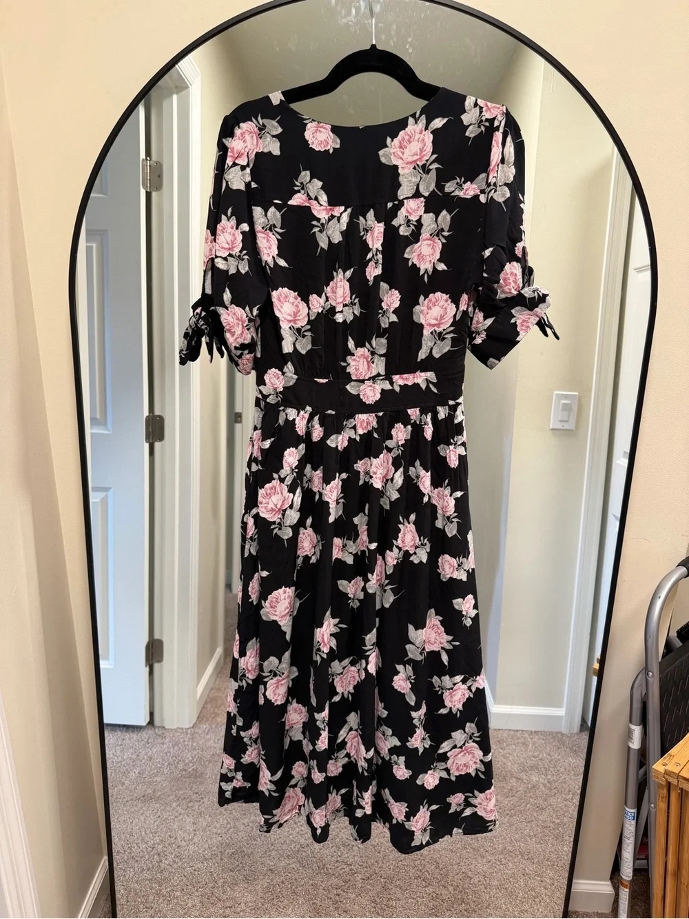 Free People Black Pink Rose Floral Button Front Maxi Dress Tie Sleeve